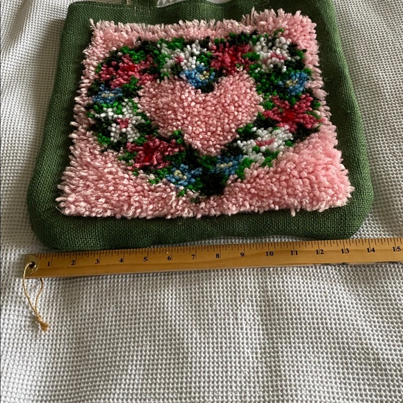 Handcrafted Green and Pink Heart Tote Bag made out of Vintage Hook Rug & Burlap. - Picture 2 of 4